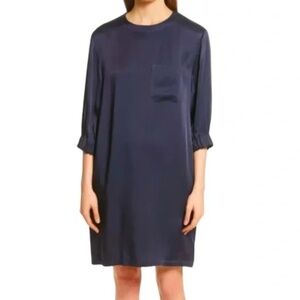 Vince Navy Satin Sheath Dress with 3/4 Sleeves Pockets size M Great Condition